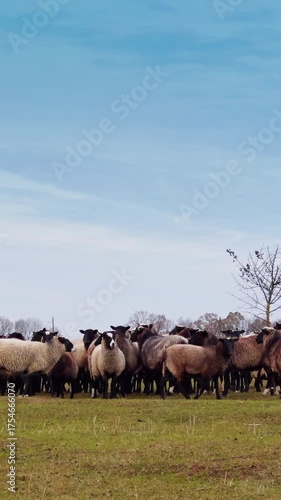 Wallpaper Mural A flock of fluffy sheep gathered around the little bare tree in the meadow. Small cattle grazing in the field in autumn. Vertical video Torontodigital.ca
