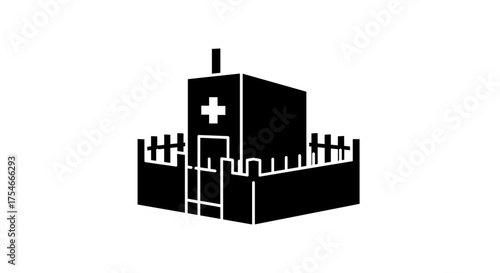 Hospital building black silhouette icon isolated on white.