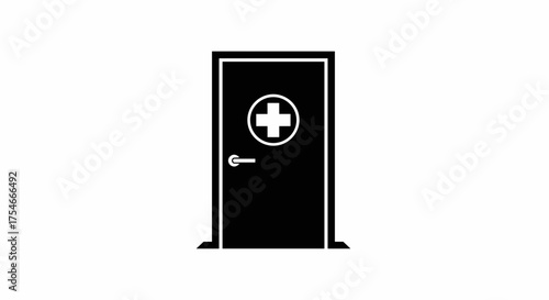 Medical facility door with a white cross symbol on it.