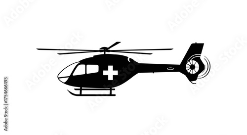 Medical helicopter silhouette on white background for emergency transport.