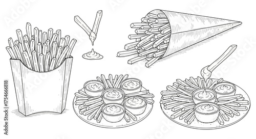 Collection of illustrations of french fries served with dipping sauces and ketchup, presented in various ways