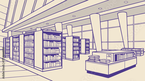 Illustration of a library interior with bookshelves and large windows in a modern architectural style