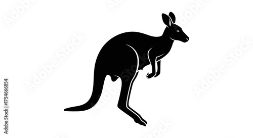 Simple Black Kangaroo Silhouette Isolated on White Background.