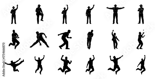 Silhouettes of men in various sports poses action jumping