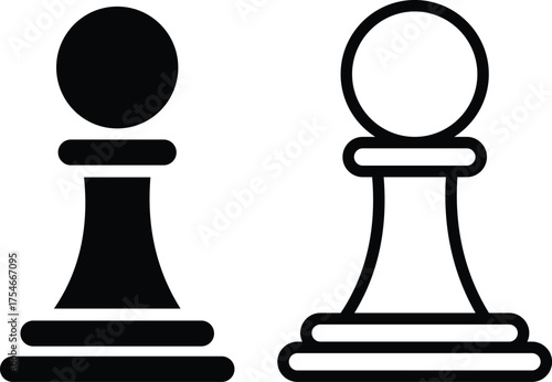 Black and white chess icons set, outline and solid collection of vector pieces, flat line style group design including pawn illustrations