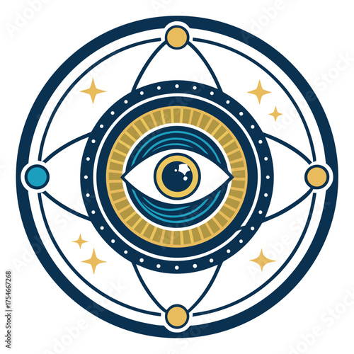 Mystical eye symbol with celestial elements and cosmic connections.