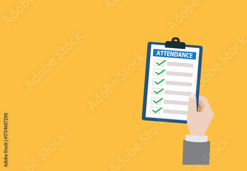 attendance clipboard with checklist. Questionnaire, survey, clipboard, task list. Flat design,
