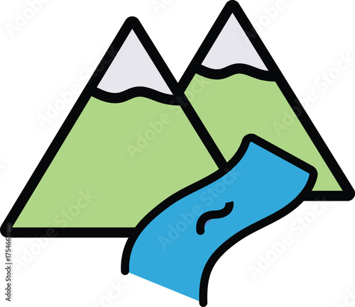 a cartoon drawing of mountains with a river