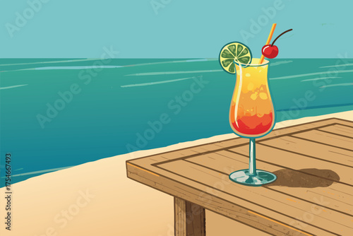 A tropical cocktail sits on a wooden table on a sandy beach next to the ocean.