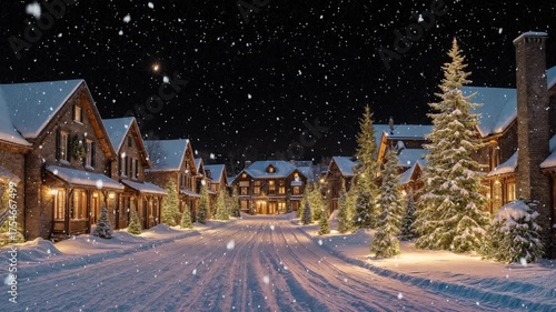 Cozy snowy village at night with glowing Christmas lights, decorated houses, and gentle snowfall creating a magical holiday atmosphere.