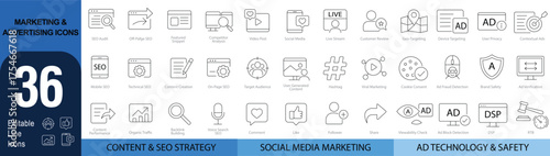 36 Editable Line Icons for Marketing, Advertising, SEO, Social Media, and Digital Strategy — Thin Outline Style | Vector Set in AI, EPS, SVG | Designed in Adobe Illustrator