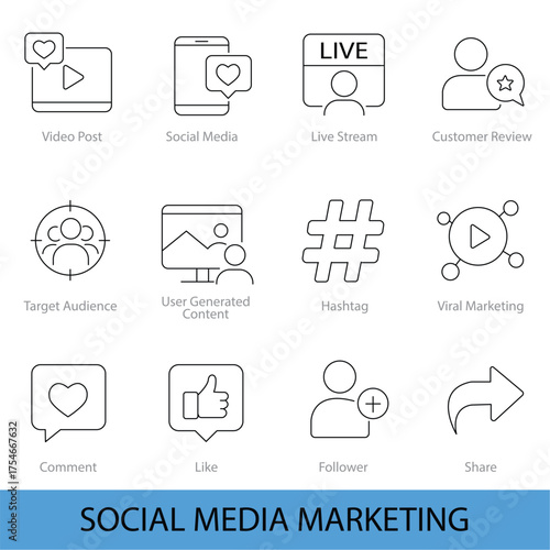 12 Line Icons for Social Media Marketing — Engagement, Followers, Hashtag, and Viral Content Strategy  | Vector Set in AI, EPS, SVG | Designed in Adobe Illustrator