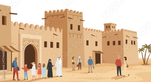 Traditional Arabian Fort and Desert Oasis with People Visiting