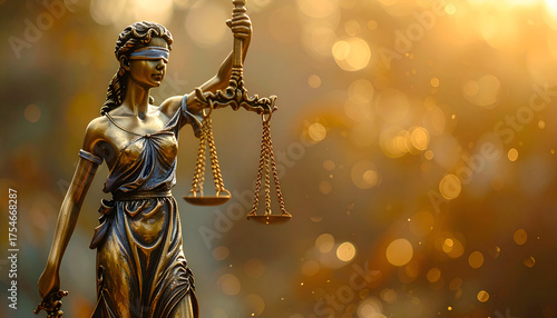 Bronze figure of Lady Justice with balance scales, representing equality, legal system, and justice concept.