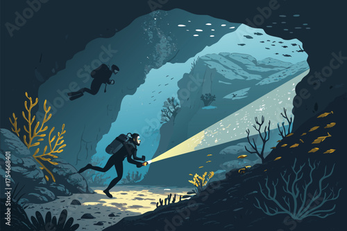 Two divers explore a dark underwater cave with a flashlight beam.