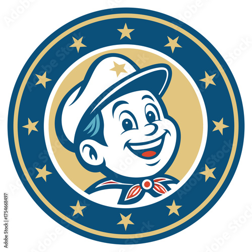 Retro cartoon boy wearing a cowboy hat and bandana in a circular emblem.