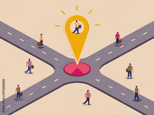 People at crossroads with giant location pin symbolizing decision making and navigation