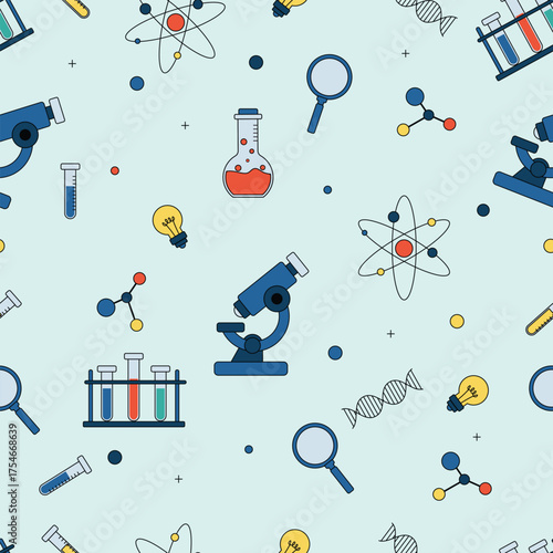Seamless science background with microscopes DNA strands molecules and lab tools on light surface, perfect for education, research, chemistry, biology and technology projects.
