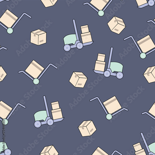 Seamless logistics background featuring forklifts boxes and hand trucks on dark surface, perfect for delivery shipping warehouse transport and industrial business themed designs.