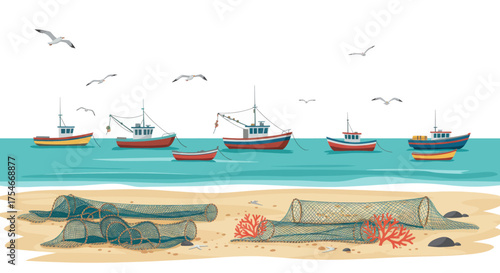 Fishing nets and boats on a sandy beach with seagulls flying over the sea