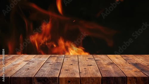 Wooden floor in front of burning flames background, perfect for product display or dramatic advertising design.