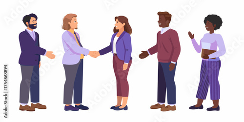 Diverse group of business professionals shaking hands and interacting in a modern office setting illustration