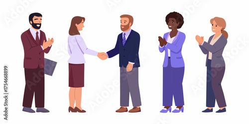 Diverse business professionals celebrating a successful deal with handshakes and applause in a modern office setting
