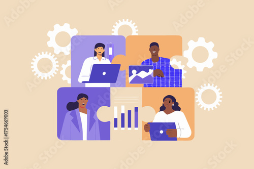 Diverse team collaborating on a project using technology and data analysis in a puzzle format