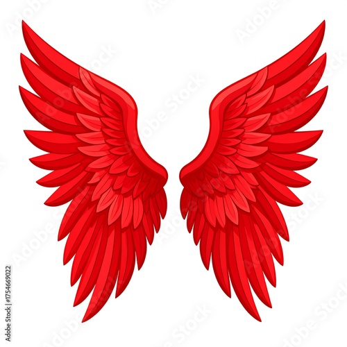 Bright red, detailed feather wings, spread wide against a crisp white background