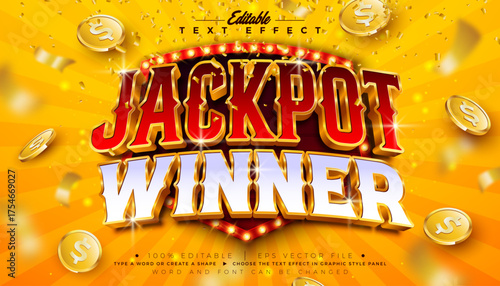 Jackpot Winner 3D Text Effect Design Editable Vector Graphic Style with Shadow and Gold Framed Scalable Typography Lettering, Light Bulb Billboard, Casino Coin and Falling Confetti on Shiny Yellow