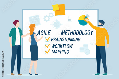 Team members collaborating on agile methodology brainstorming workflow mapping at whiteboard with charts and gears