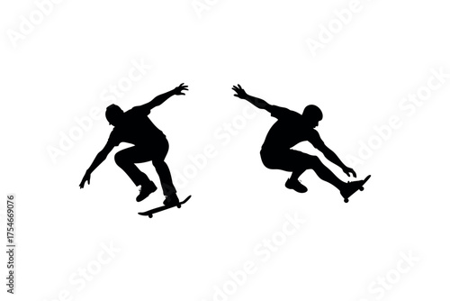 Two skateboarders in mid air doing tricks a dynamic black silhouette image