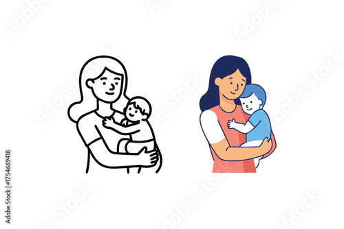 A mother lovingly cradling her baby shown in two distinct styles