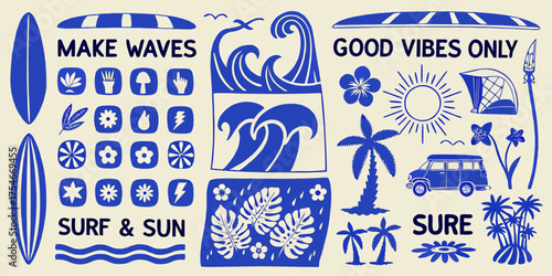 Retro surf and sun collage with tropical elements and positive vibes text