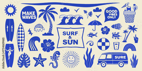 Surf and sun collection with palm trees waves surfboards and beach elements