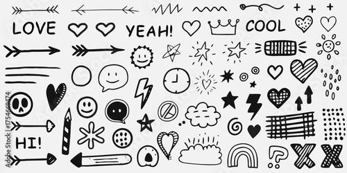 Collection of hand drawn doodle elements including hearts stars smiley faces arrows and words like love and cool