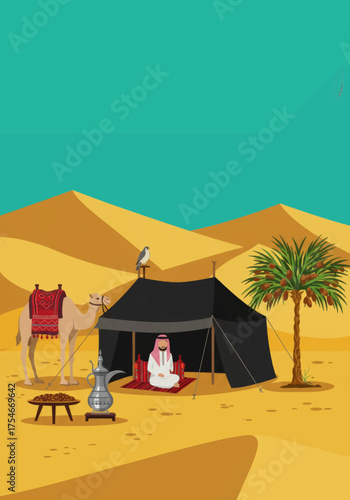 Traditional Bedouin Desert Camp Scene with Camel, Tent, and Date Palm Tree, Illustrating Middle Eastern Lifestyle and Culture