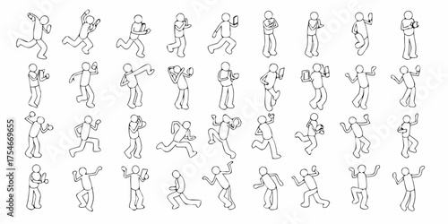 Collection of hand drawn stick figure people in various dynamic poses and actions against a white background