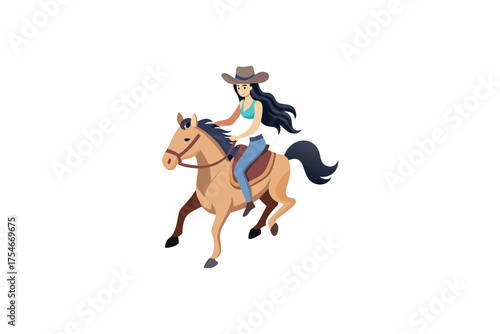 A cheerful cowgirl confidently rides a beautiful tan colored horse