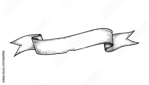 A stylized, monochrome drawing of a fluttering ribbon banner. The banner is blank, perfect for text, and rendered with shading for depth