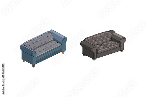 Isometric view of a blue and dark brown tufted loveseat set