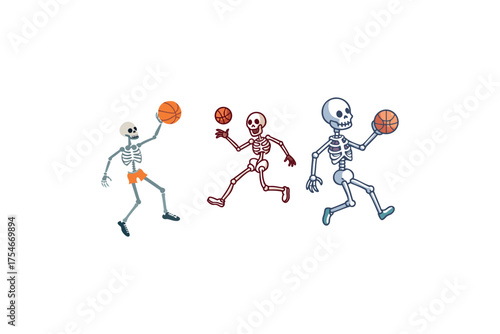 Cartoon skeletons playing basketball with a humorous and playful depiction