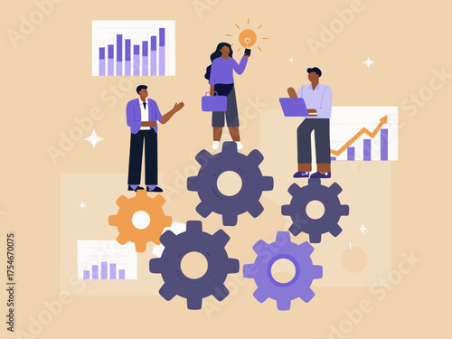 Diverse team collaborating on business growth and innovation with gears symbolizing teamwork and progress