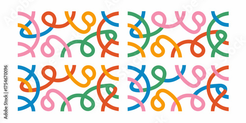Playful abstract pattern of colorful intertwined ribbons on a white background