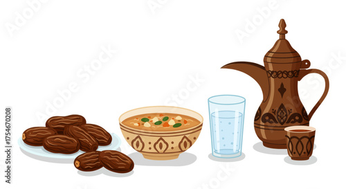 Traditional Middle Eastern Meal with Dates, Soup, and Coffee Set