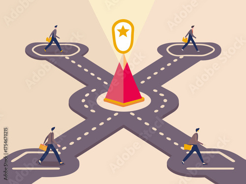 Business people walking on different paths towards a central goal or award