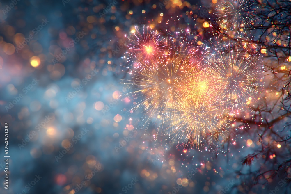 Fototapeta premium Bright fireworks illuminate the night sky during a festive celebration in an urban environment. Colorful sparks burst and create a vibrant atmosphere, captivating onlookers