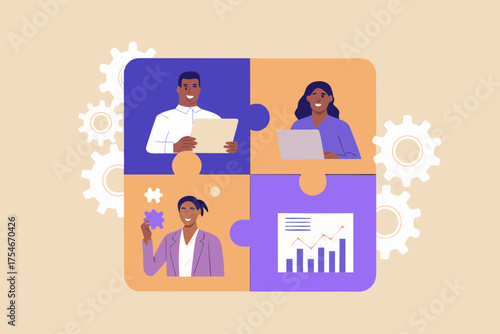 Diverse team collaborating on a project using puzzle pieces and gears symbolizing teamwork and success
