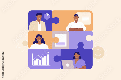Diverse team collaborating and working together like puzzle pieces in a modern business setting