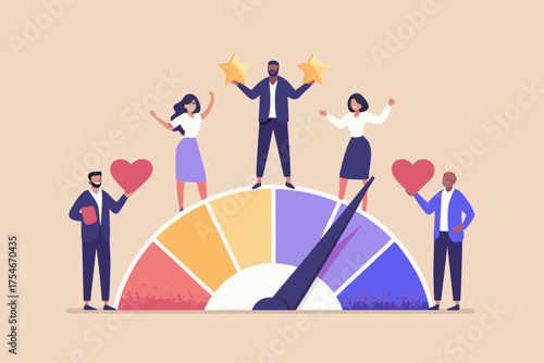 Diverse group of people celebrating on a colorful gauge representing customer satisfaction and feedback